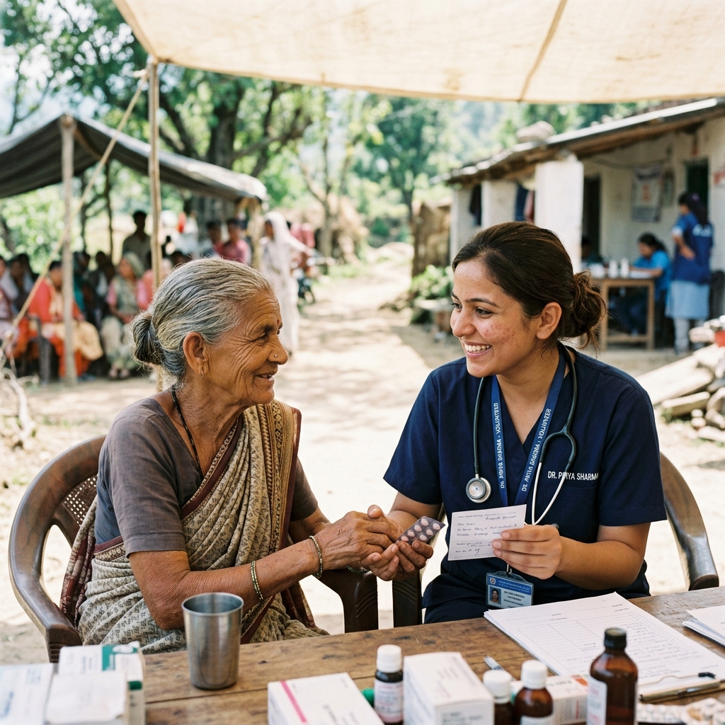 Compassionate volunteer doctor guiding a community health camp
