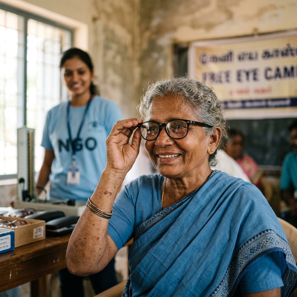 A smiling elderly person wearing new corrective spectacles