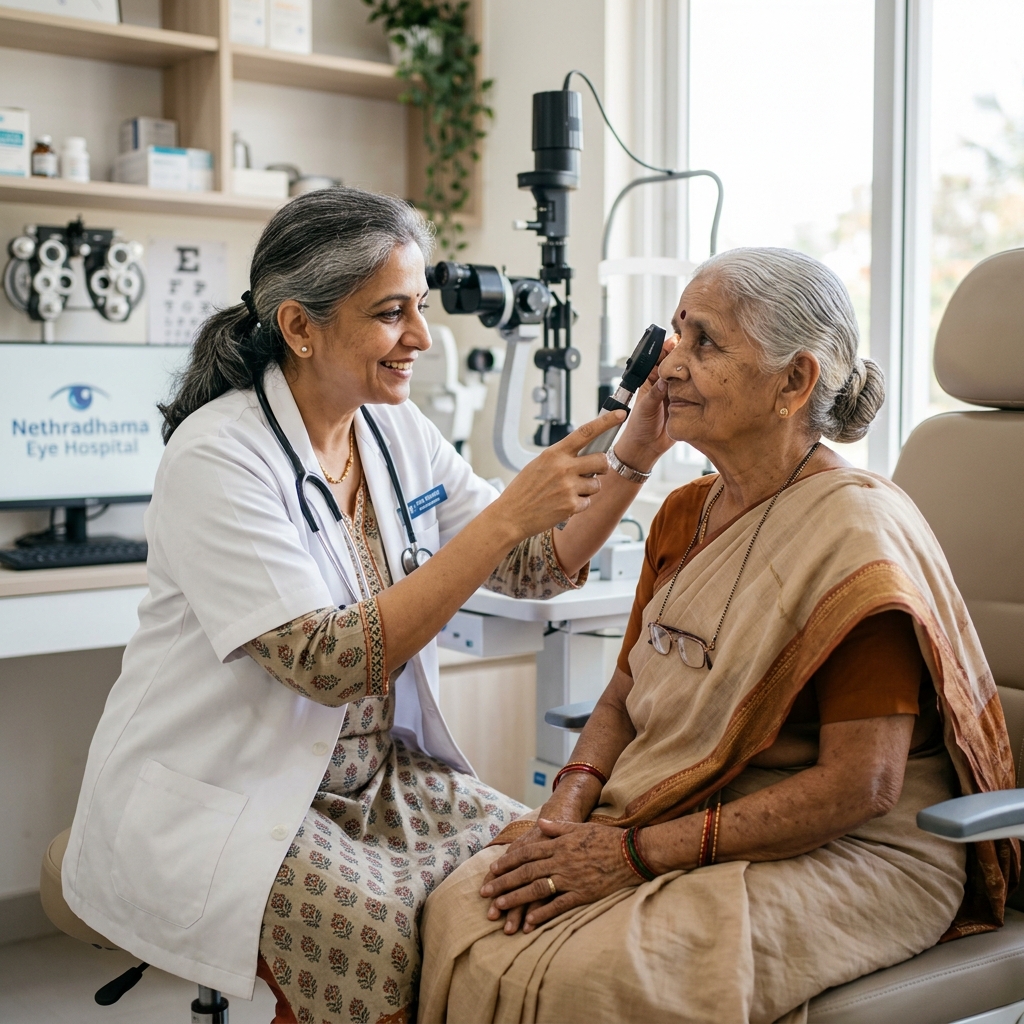 Ophthalmologist examining elderly patient's eyes